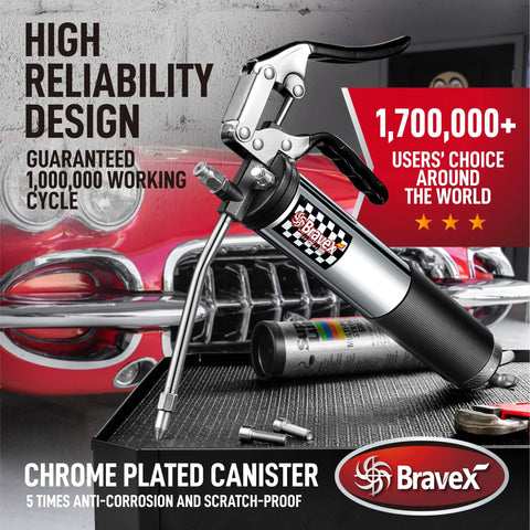 Bravex heavy-duty pistol-grip grease gun, 6000 PSI, chrome-plated canister, 18-inch flexible hose for versatility.