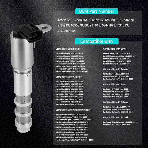 Oil Control Valve Solenoid Kit OCV For GM 2.8L 3.0L 3.6L Engines With VVT Solenoids product view with compatibility list