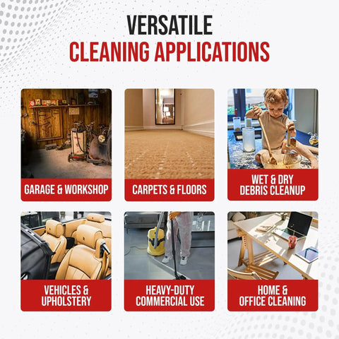 Graphic showing versatile cleaning applications for heavy duty replacement vacuum hose for shop vac and ridgid style wet dry vacuums.
