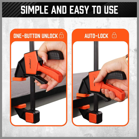 Two Pack 6 Inch Bar Clamps for Woodworking in use, demonstrating quick grip release and auto-lock feature on a wooden surface