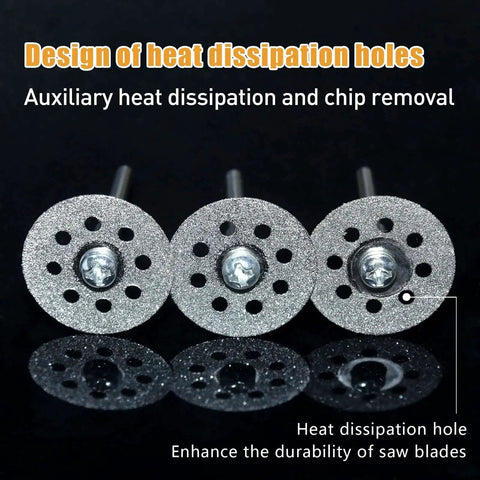Close-up of 20 Piece Diamond Cut Off Wheel Set 22 Mm For Dremel And Rotary Tools With 3 Mm Mandrel And Screwdriver showing heat dissipation holes