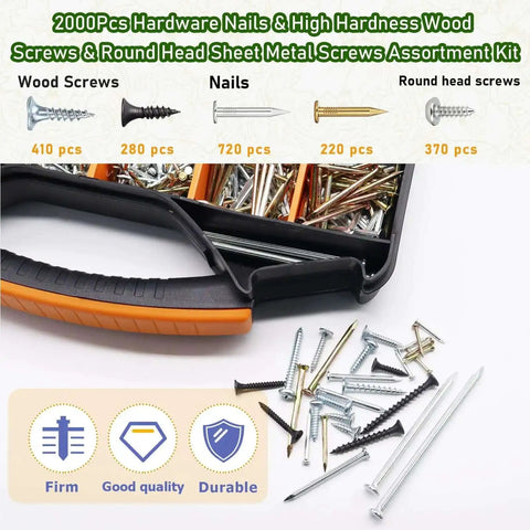 DIYers Dream All In One Hardware Kit With 2000 High Hardness Carbon Steel Wood Screws and Round Head Sheet Metal Screws in storage box.