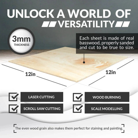 Premium Basswood Sheets for Crafts 3mm Thick for Laser Cutting and Wood Burning 12 by 12 Inch 10 Pack Ideal for Architectural Models Drawings and DIY Projects by SS Custom Products image showing a single basswood sheet with size and use specifications.