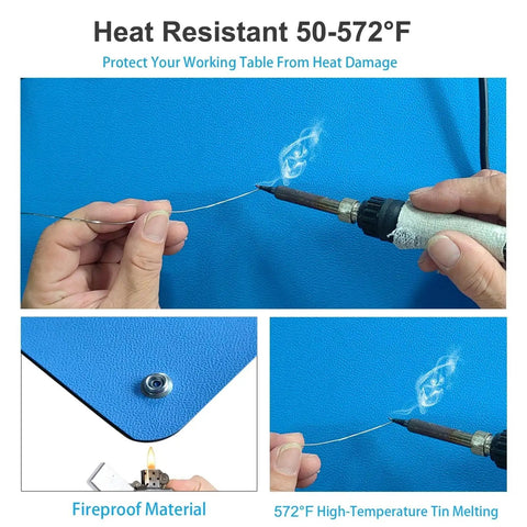 ESD Rubber Mat For Workbench 60x24 Inches With Leather Textured Surface shown with soldering iron, highlighting heat resistance up to 572°F.