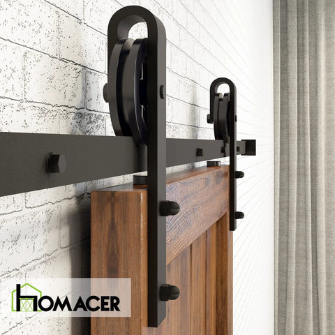 Black Rustic Non-Bypass Sliding Barn Door Hardware Kit For One Door With 6.6 Ft Flat Track And Spoke Wheel Roller Installed