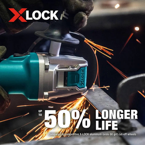 X-Lock Quick Change Four And One Half Inch Thin Cut Off Wheel 60 Grit Aluminum Oxide cutting metal with sparks flying