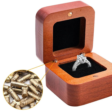 30 Pcs Brass Barrel Hidden Hinges For DIY Jewelry Boxes And Small Cabinets, shown installed on a wooden ring box with open lid