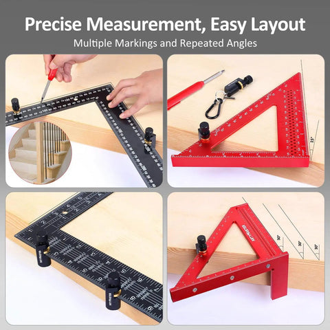 Stair Gauges With Rubber Pad For Framing Square And Circular Saw, Carpentry Jig Stops in use on black and red squares