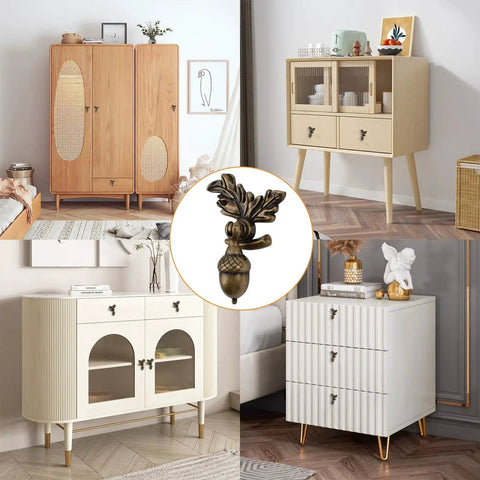 Acorn Drawer Knobs With Leaf Pedestal Eight Piece Set In Antique Zinc Alloy And Copper Finish on various furniture setups