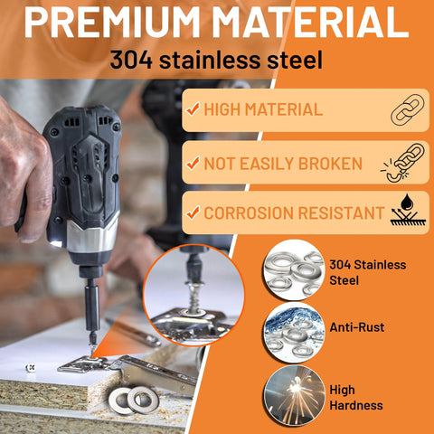 Flat washers assortment kit, 304 stainless steel, 300 pieces for bolts.