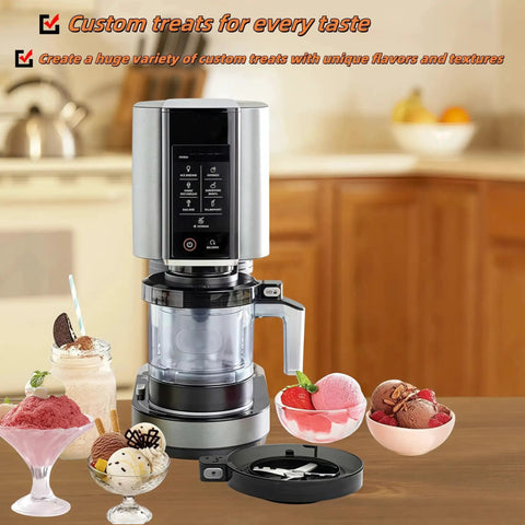 Ice cream maker with outer bowl and lid, surrounded by desserts, showcasing Replacement Seal Rings Kit For Ice Cream Makers NC299AMZ NC301 NC300 NC201 NC101 Series, Food Grade Silicone Gasket Set.