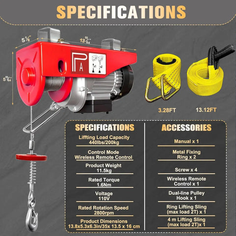 Wireless Electric Hoist 440Lb Winch With 328 Ft Remote Emergency Stop for Garage, showing specifications and accessories.
