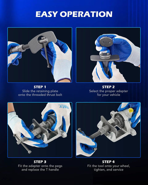 24 Piece Brake Caliper Compression Tool Set For Universal Disc Brakes With Heavy Duty Piston Wind Back Kit And Caliper Hangers In Blue Case Orion Motor Tech instructional steps in use by hands wearing gloves.