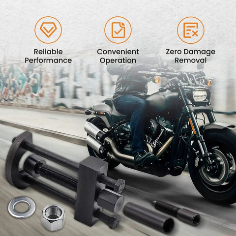 Harley Big Twin Transmission Mainshaft Bearing Race Puller Tool For 1984 To Present with motorbike background, parts shown