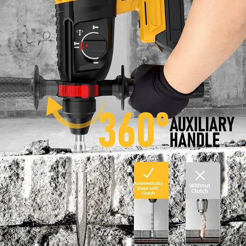 Cordless SDS Plus Rotary Hammer Drill With Brushless Motor showing 360 auxiliary handle and safety clutch feature