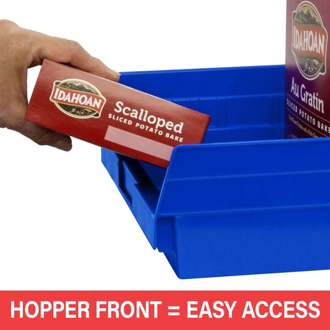Person removing item from heavy duty plastic shelf bin with hopper front for easy access, showing its use for organization and storage.