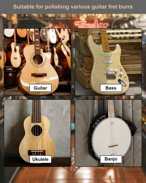 Guitar, bass, ukulele, and banjo displayed, suitable for use with Double-Sided Fret End File for Guitar Fret Dressing and Deburring