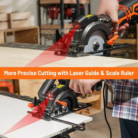 Person using Beast Mode Circular Saw 5.8A With Laser Guide And Metal Handle Includes Six Blades For Wood Plastic Metal And Tile