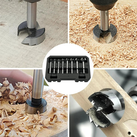 Pro Grade Forstner Bit Set 8pc for Woodworking And DIY Projects, carbide bits drilling clean holes in wood and plywood.