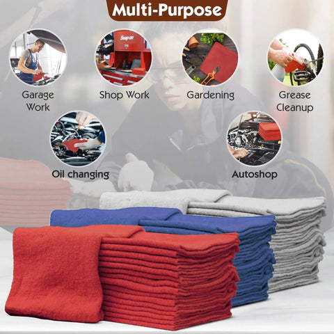 Pro Grade Auto Shop Towels 100 Pack Red 100 Percent Cotton Lint Free Shop Rags For Wet Or Dry Use Commercial Grade Cleaning Cloths 14 By 14 Inches Reinforced Four Sides With Overlock Stitching Durable in red, blue, and gray stacks displayed with usage options