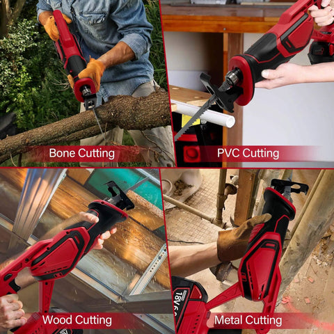 Cordless Reciprocating Saw With Brushless Motor 0-3500 RPM Tools Free Blade Install Your Go-To Workhorse For Heavy Duty Wood Metal PVC Compatible With 18V Li-Ion Batteries Battery Not Included Includes 4 Blades showing various uses.