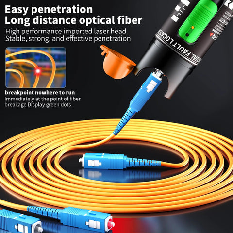 VFL fiber optic tester kit with blue FC male to LC female adapters and a long orange fiber optic cable