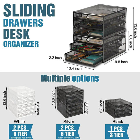 Two Pack Black 3 Tier Wire Mesh Desk Organizer With Drawers Stackable File Sorter And Paper Tray for home office