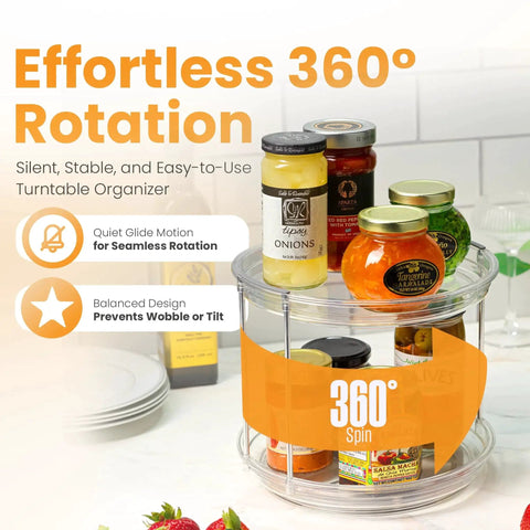 Two Tier Clear Lazy Susan Organizer With Smooth Silent Spin Turntable For Spices And Pantry Storage Your Go To Spice Rack On Kitchen Cabinets Countertops Bathrooms And Dining Tables From Oizeir with jars of spices displayed