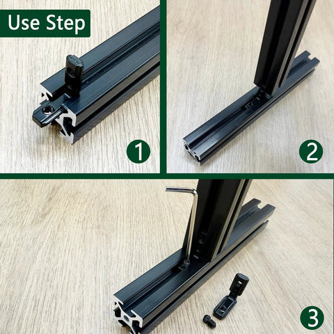 Step-by-step guide using 30 Sets 2020 Aluminum Extrusion Hardware Connectors With Screws And Wrench for T-slot aluminum rails.