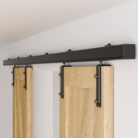 10 Ft Box Rail Sliding Barn Door Hardware Kit Aluminum Alloy Wall Mount For Double Doors Heavy Duty Smooth Quiet Rollers installed