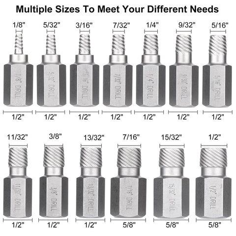 13 Piece Screw Extractor Set Multi Spline Easy Out Bolt Extractor Kit showing various sizes for broken bolts and screws.