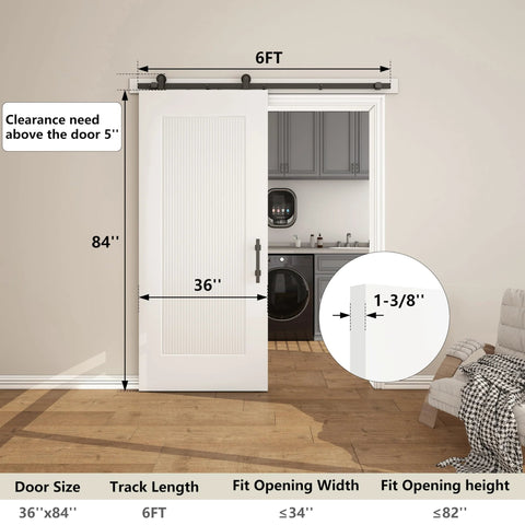 36x84 Reeded White Primed Sliding Barn Door With Matte Black 6ft Hardware Kit installed in living space.
