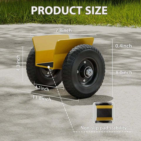 Heavy Duty Panel Dolly With 700 Pound Load Capacity And Eight Inch Wheels, yellow steel construction, size dimensions shown.