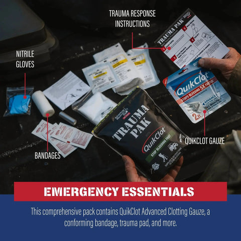 Trauma Pak First Aid Kit with QuikClot, gloves, gauze, trauma response instructions, bandages for emergency bleed control