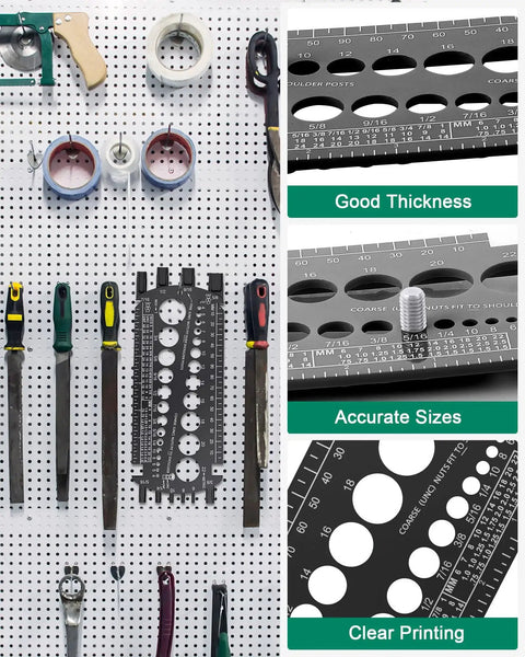 Bolt Gauge For Metric And SAE Quick Sizing Of Nuts And Bolts Plastic Bolt Measuring Tool With An Easy To Read Bolt Size And Thread Gauge displayed on pegboard with tools, close-up of clear printing and accurate sizes.