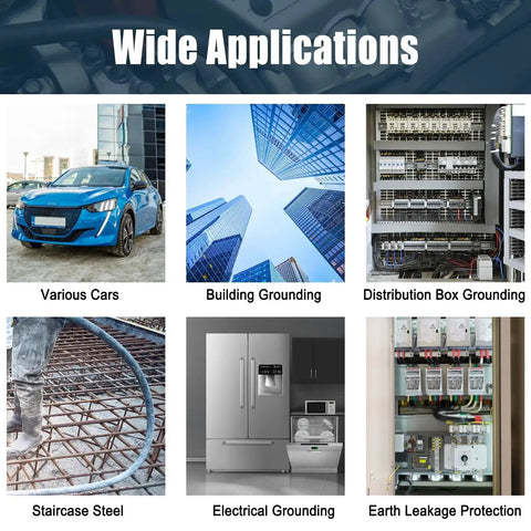 Wide applications of 14 Piece Ground Straps Set For Your Ride, including car, building, electrical, and earth leakage grounding
