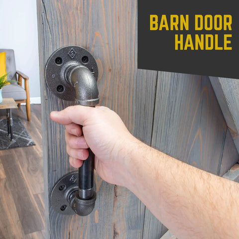 Industrial Pipe Barn Door Handle 6 Inch Rustic Farmhouse Heavy Duty Hardware Set With Steel Grey Iron Fittings on wood door