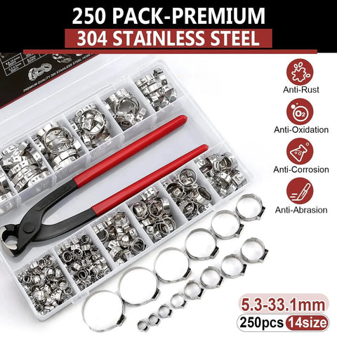 250 Pieces 14 Size Single Ear Hose Clamp Kit 5.3 To 33.1 Mm 304 Stainless Steel Ear Clamp Kit With Ear Clamp Pincer