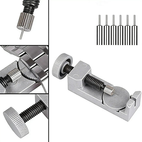 Watch Band Link Pin Remover And Repair Tool Kit, 24 In 1 Set With 6 Extra Tips, 20 Cotter Pins, shown with metal pin remover tool