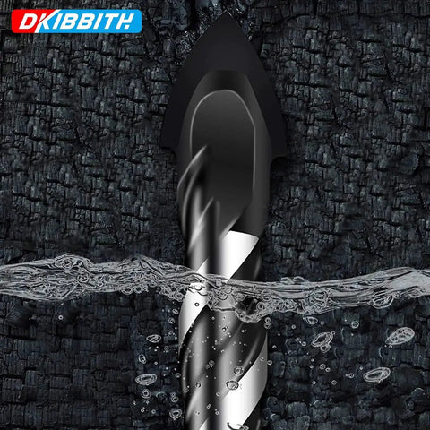 Close-up of a 10-Piece Masonry Drill Bit Set for Concrete Tile Glass Ceramic Brick 1 Eighth to 1 Half Inch Heavy Duty Tungsten Carbide Alloy Tip with Triangle Handle and U Type Slot Design Black, drilling into a stone surface.
