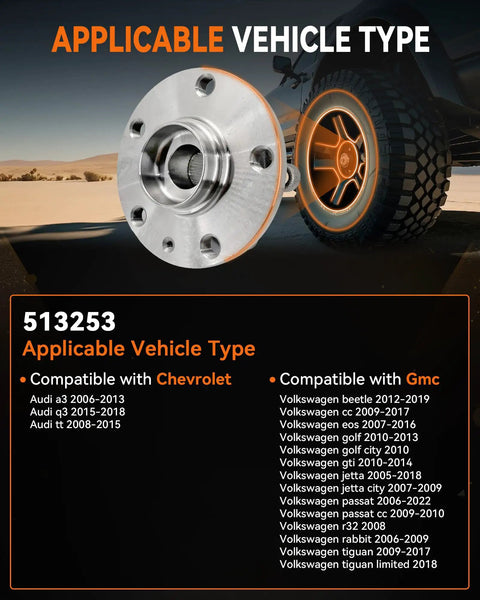 Two Piece Front Wheel Hub Bearing Assembly Compatible With Audi A3 Q3 TT Beetle Jetta CC EOS Golf GTI City Passat R32 Rabbit Tiguan 09 17 2018 Limited No Fuss Drop In For A Solid Smooth Ride On Volkswagen And Audi Models displayed with vehicle compatibility list.