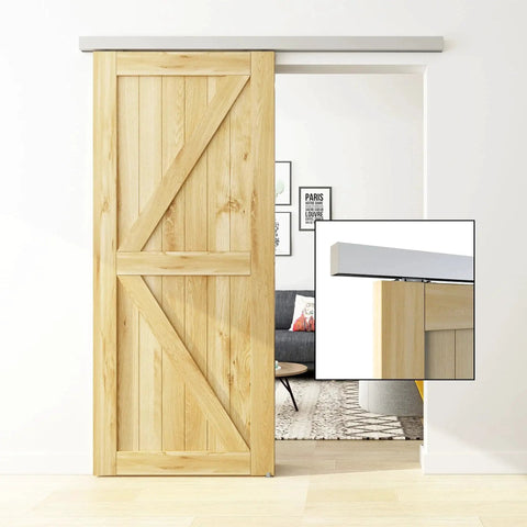 Six Foot Sliding Barn Door Track Kit With Aluminium Box Rail Wall Mounted Hidden Hardware For Modern Doors Easy To Install Low Clearance With Soft Close Trolleys And End Caps Supports Doors Up To 130 Lbs For Heavy Duty Performance.