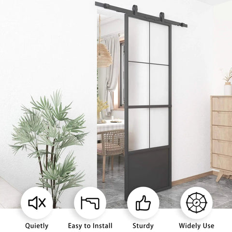 Frosted Tempered Glass Sliding Barn Door Panel With Pre Drilled Carbon Steel Frame 32 Inch By 84 Inch Includes Five And A Half Foot Hardware Kit