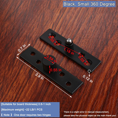 360 Degree Hidden Door Pivot Hinge For Cabinets And Cupboards, 2.9 Inch Stainless Steel Black, 2 Pack, top view on wood surface