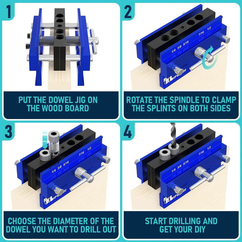 Instructional steps for using Self Centering Doweling Jig Kit For Straight Holes With Six Drill Guide Bushings Pro Grade Biscuit Joiner