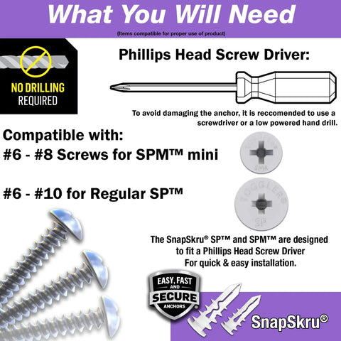 Illustration of SnapSkru SP Self-Drilling Drywall Anchor For Hollow Walls Made In USA Pack Of 20 5/8 In Length 3/8 In Diameter with screws and screwdriver diagram