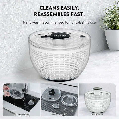 Big Ol 6.3 Qt Salad Spinner With Fully Removable Lid One Hand Press Pump shown with washing and drying steps.