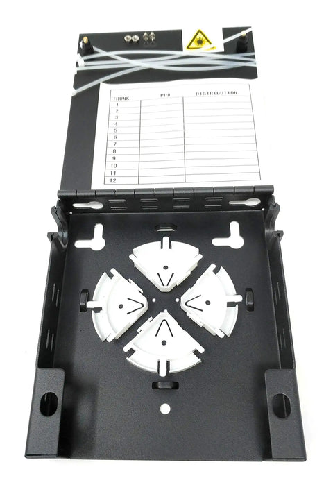 Wall Mount Fiber Enclosure With Spool And Loaded 6 Port LC-UPC Singlemode Duplex LGX Panel, open view showing interior components