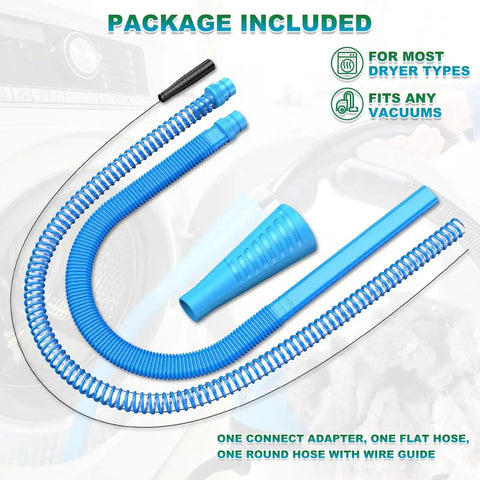 Two Piece Must Have Handy Dryer Vent Cleaner Kit With Vacuum Attachments For Lint Removal, showing hoses and adapter