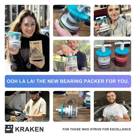 Collage of people using Rotation Handle Bearing Packer for Effortless Wheel Bearing Grease Application with Any Grease Gun